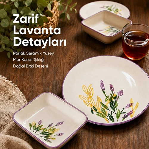 Vienev 14 Parça 6 Kişilik Lavanta Desen Seramik Kahvaltı Takım Seti