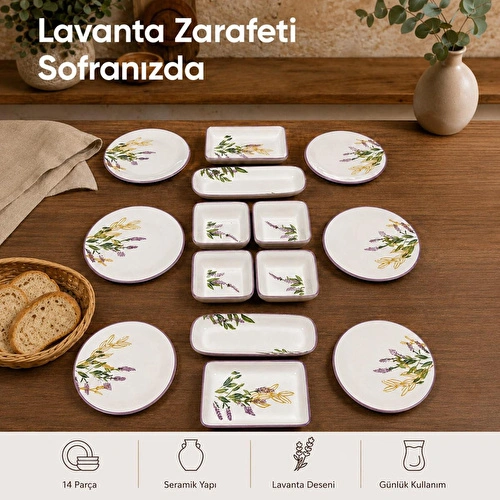 Vienev 14 Parça 6 Kişilik Lavanta Desen Seramik Kahvaltı Takım Seti