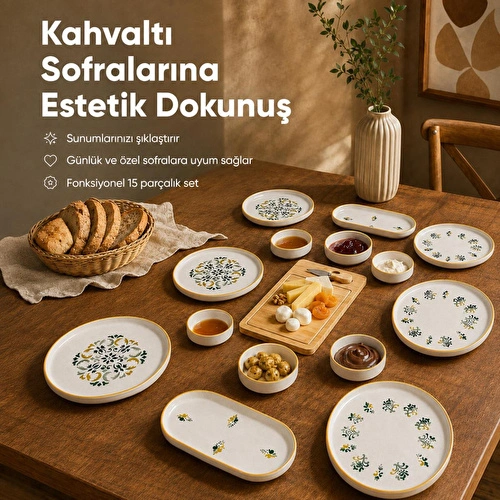 Vienev 15 Parça Bambu Sunumluklu Klasik Kahvaltı Takımı Seti