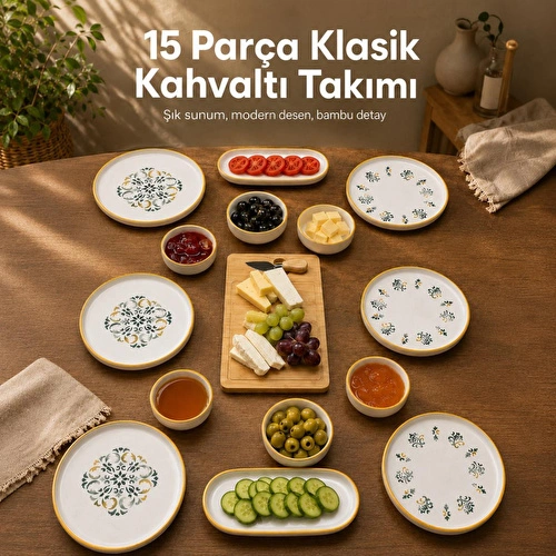 Vienev 15 Parça Bambu Sunumluklu Klasik Kahvaltı Takımı Seti