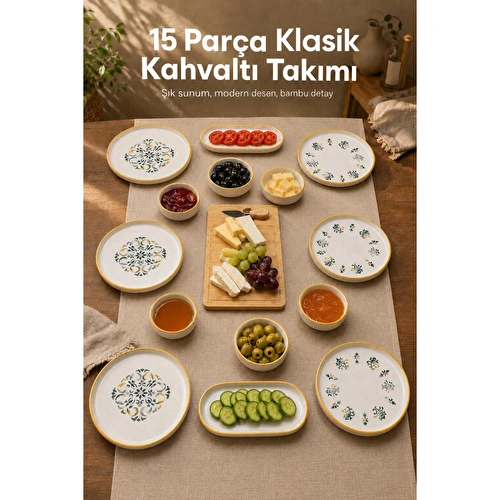 Vienev 15 Parça Bambu Sunumluklu Klasik Kahvaltı Takımı Seti