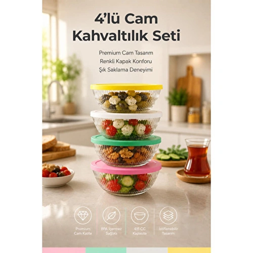 Vienev 4'lü Renkli Kapaklı Cam Kase Seti 415 Cc - Kahvaltılık Saklama Kabı