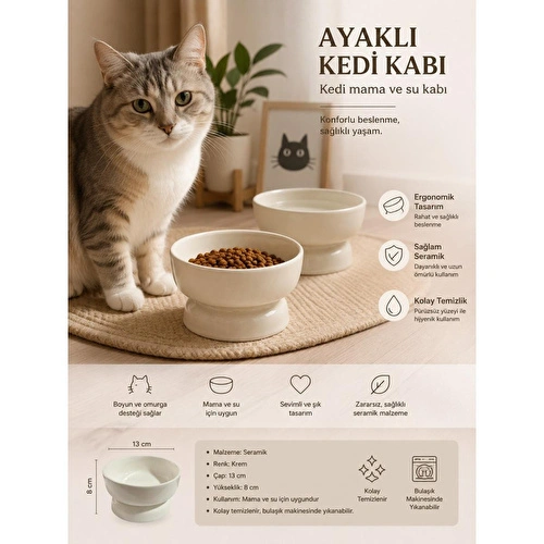 Beige & Stone Seramik Ayaklı 13 Cm Yükseltilmiş Kedi Mama Ve Su Kabı Evcil Hayvan Beslenme Kabı