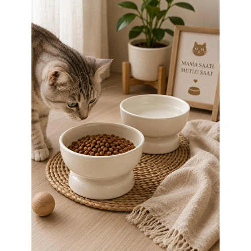 Beige & Stone Seramik Ayaklı 13 Cm Yükseltilmiş Kedi Mama Ve Su Kabı Evcil Hayvan Beslenme Kabı