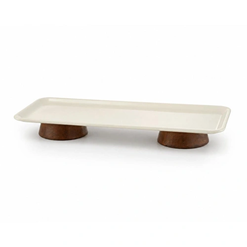 Beige & Stone Dikdörtgen Çift Ahşap Ayaklı Sunum Tabağı 33 Cm Pasta Meyve Servis Sunum Standı