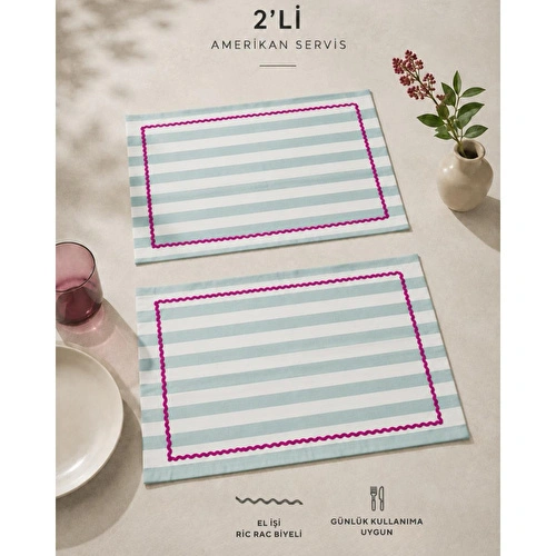 Beige & Stone Mint Çizgili Fuşya Biyeli Amerikan Servisi 2'li Set 33x44 Cm Sofra Ve Masa Düzeni Dekoru