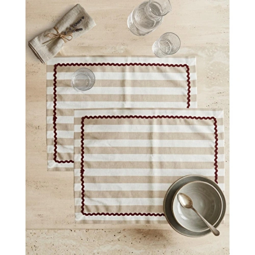 Beige & Stone Kahverengi Çizgili Bordo Biyeli Amerikan Servisi 2'li Set 33x44 Cm Sofra Ve Masa Düzeni Dekoru
