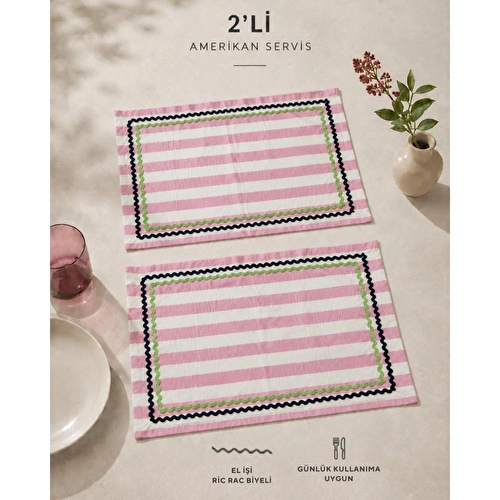 Beige & Stone Pembe Çizgili Açık Yeşil - Lacivert Biyeli Amerikan Servisi 2'li Set 33x44 Cm Sofra Ve Masa Düzeni Dekoru
