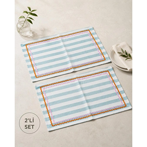 Beige & Stone Mavi Çizgili Pembe - Turuncu Biyeli Amerikan Servisi 2'li Set 33x44 Cm Sofra Ve Masa Düzeni Dekoru