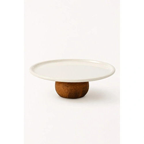 Beige & Stone Ahşap Ayaklı Krem Paslanmaz Çelik Servis - Sunum Tabağı Yuvarlak 22 Cm Pasta Meyve Kek Standı