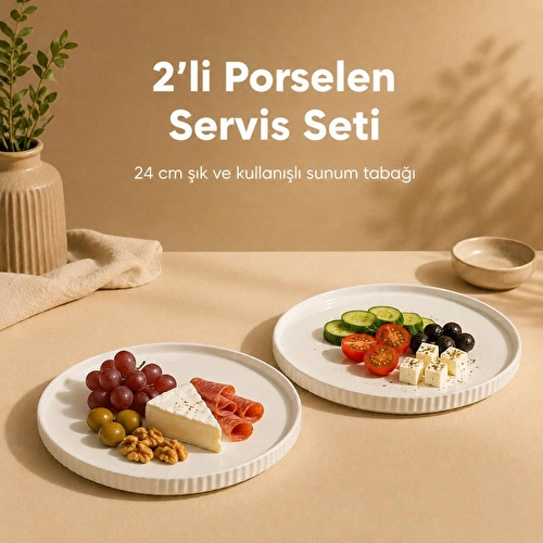 Vienev 2 Parça 24 Cm Porselen Servis Tabağı Seti - Modern Çizgili Yuvarlak Sunum Tabağı