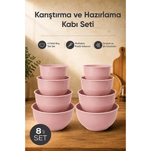 Vienev 8'li Karıştırma Ve Hazırlama Kabı Seti Pembe - 1l 1.5l 2.3l 3.3l