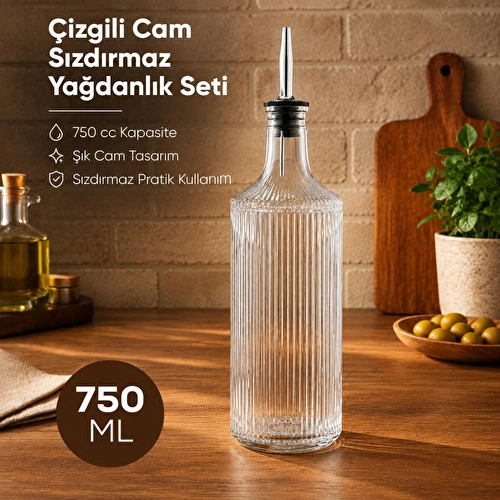 Vienev Çizgili Cam Yağdanlık Seti 750 Cc Yağ Sirke Şişesi Sızdırmaz