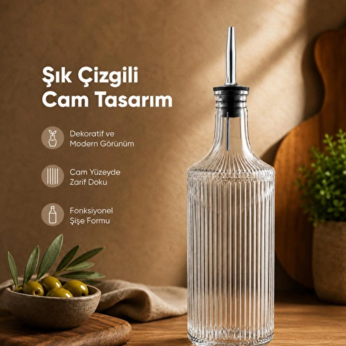 Vienev Çizgili Cam Yağdanlık Seti 750 Cc Yağ Sirke Şişesi Sızdırmaz