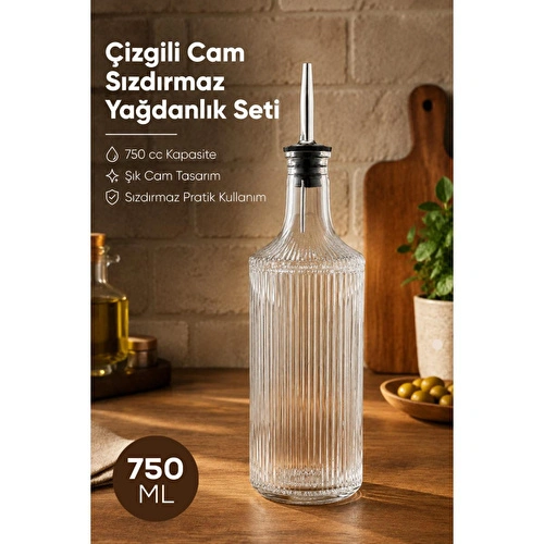 Vienev Çizgili Cam Yağdanlık Seti 750 Cc Yağ Sirke Şişesi Sızdırmaz