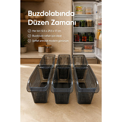 Vienev 6'lı Şeffaf Antrasit Buzdolabı Düzenleyici Dolap İçi Düzenleme Organizer Seti