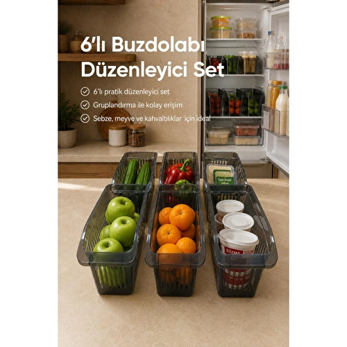 Vienev 6'lı Şeffaf Antrasit Buzdolabı Düzenleyici Dolap İçi Düzenleme Organizer Seti
