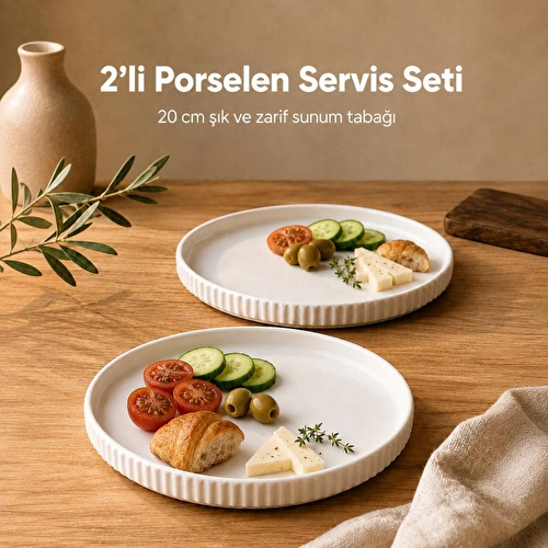 Vienev 2 Parça 20 Cm Porselen Servis Tabağı Seti - Modern Çizgili Yuvarlak Sunum Tabağı