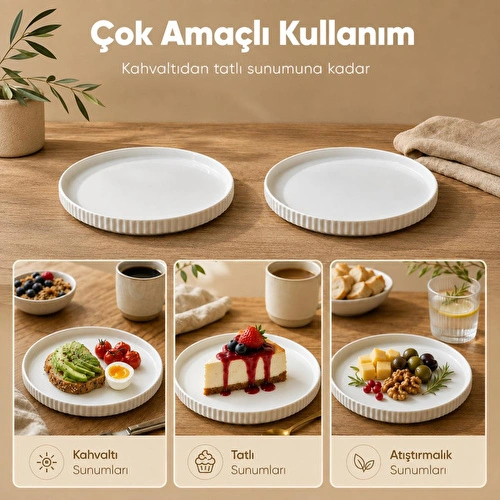 Vienev 2 Parça 20 Cm Porselen Servis Tabağı Seti - Modern Çizgili Yuvarlak Sunum Tabağı