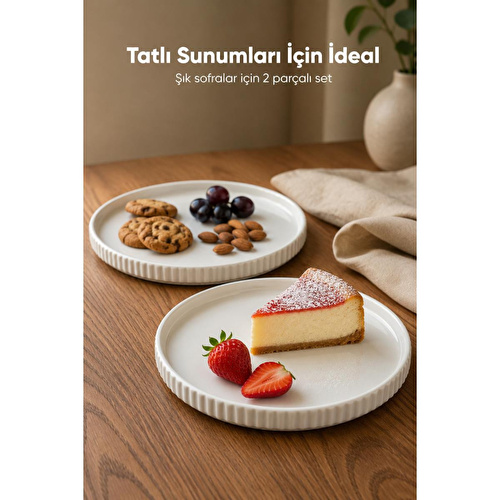 Vienev 2 Parça 20 Cm Porselen Servis Tabağı Seti - Modern Çizgili Yuvarlak Sunum Tabağı