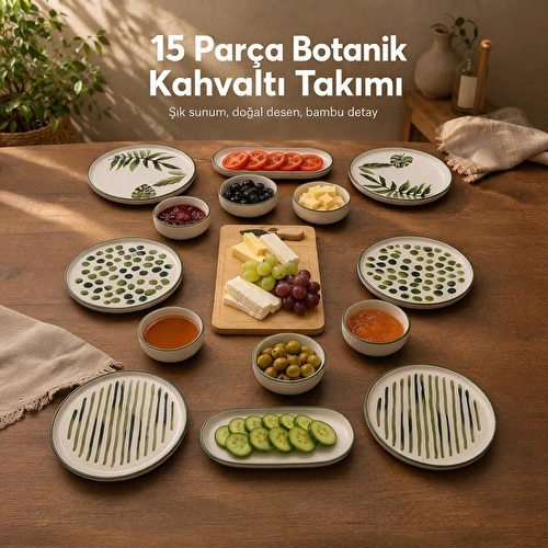 Vienev 15 Parça Bambu Sunumluklu Botanik Kahvaltı Takımı Seti