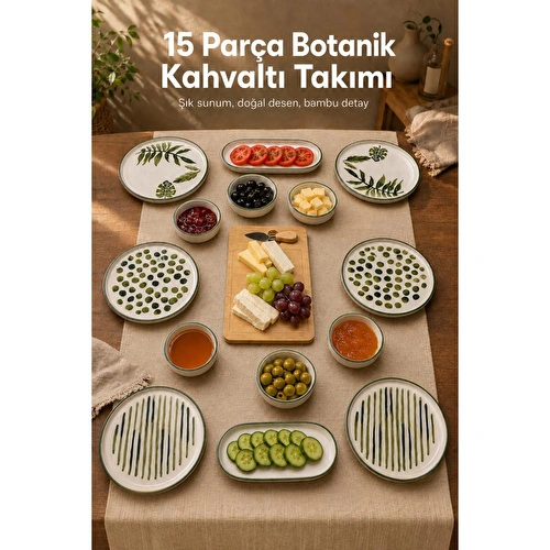 Vienev 15 Parça Bambu Sunumluklu Botanik Kahvaltı Takımı Seti