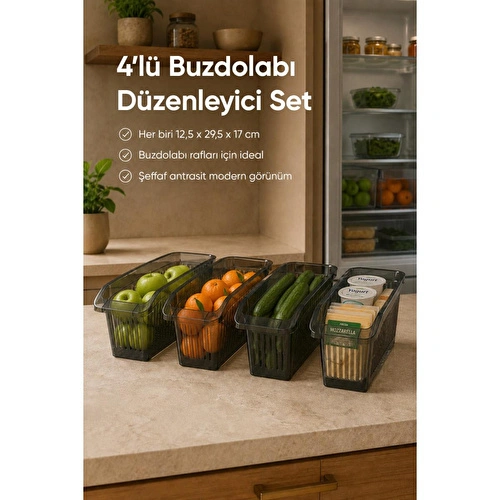 Vienev 4'lü Şeffaf Antrasit Buzdolabı Düzenleyici Dolap İçi Düzenleme Organizer Seti
