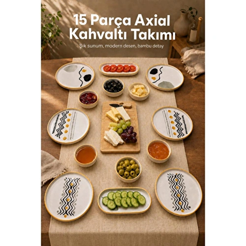 Vienev 15 Parça Bambu Sunumluklu Axial Kahvaltı Takımı Seti