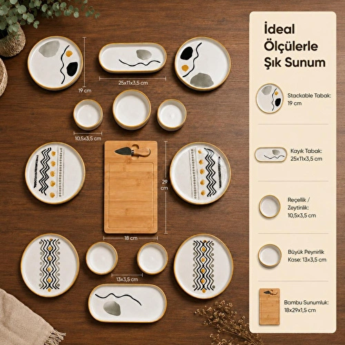 Vienev 15 Parça Bambu Sunumluklu Axial Kahvaltı Takımı Seti