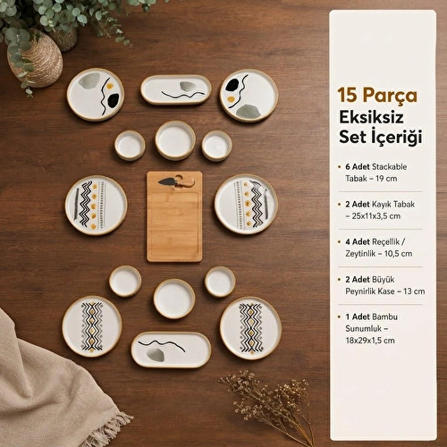 Vienev 15 Parça Bambu Sunumluklu Axial Kahvaltı Takımı Seti