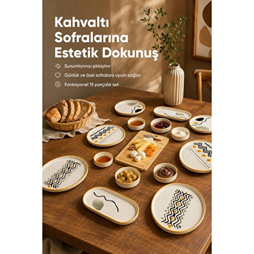 Vienev 15 Parça Bambu Sunumluklu Axial Kahvaltı Takımı Seti