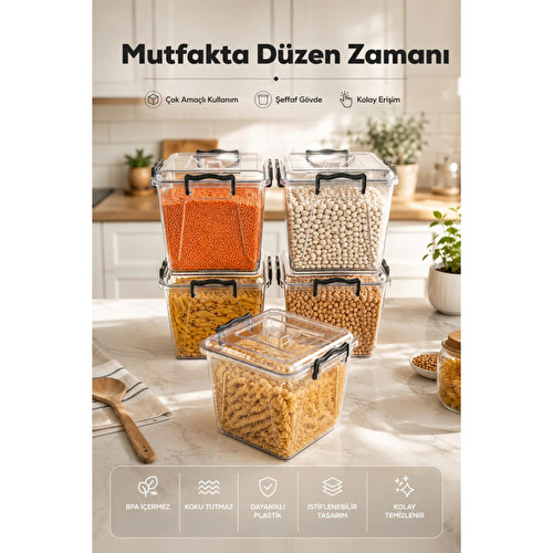 Vienev 8.5 Lt Şeffaf Plastik Erzak Saklama Kabı 5'li Set - Kapaklı Kilitli Çok Amaçlı Düzenleyici