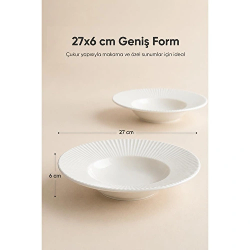 Vienev 2'li Porselen Çizgi Desenli Çukur Makarna Tabağı 27 Cm