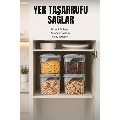 Vienev 6'lı Erzak Saklama Kabı Seti 4x1.8l + 2x3.6l Şeffaf Gri Kapaklı Bakliyat Düzenleyici Organizer