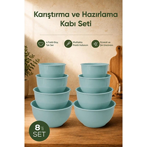 Vienev 8'li Karıştırma Ve Hazırlama Kasesi Seti Mint - 1l 1.5l 2.3l 3.3l