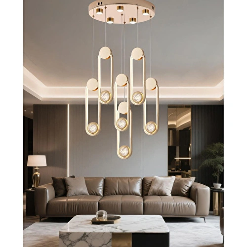 Apliqa Beckett 6'lı Kristal Top Başlıklı Gold Sarkıt Led Avize