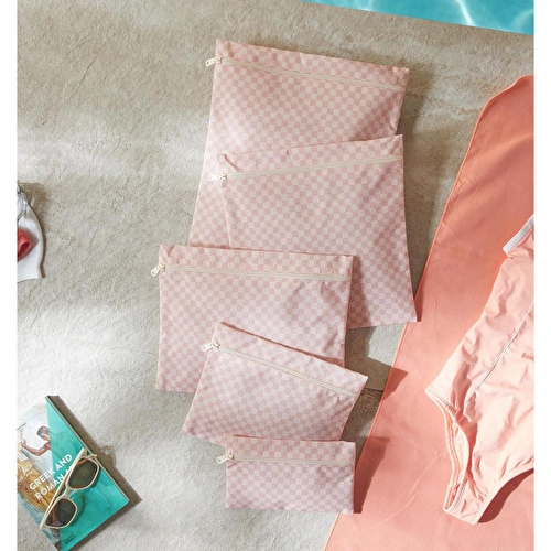 Ocean Home Textile 5'li Su Geçirmez Pvc Astarlı Pembe Dama Desen Islak Kuru Çanta Seti 20 X 13 / 24 X 20 / 30 X 24 / 28 X 30 / 30