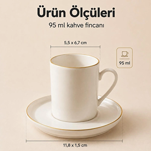 Vienev Porselen Altın Yaldızlı 6 Kişilik Kahve Fincanı Takımı Seti 12 Parça