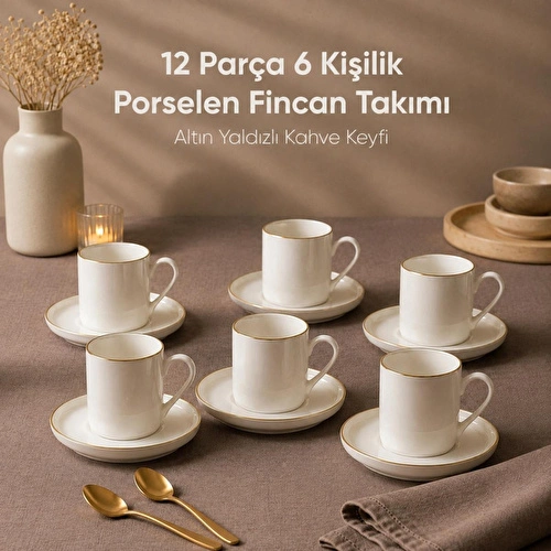 Vienev Porselen Altın Yaldızlı 6 Kişilik Kahve Fincanı Takımı Seti 12 Parça