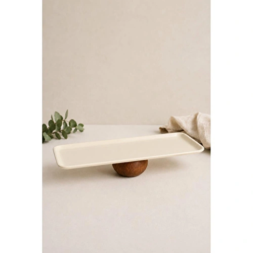 Beige & Stone Ahşap Ayaklı Krem Paslanmaz Çelik Servis - Sunum Tabağı Dikdörtgen 33 Cm Pasta Meyve Kek Standı