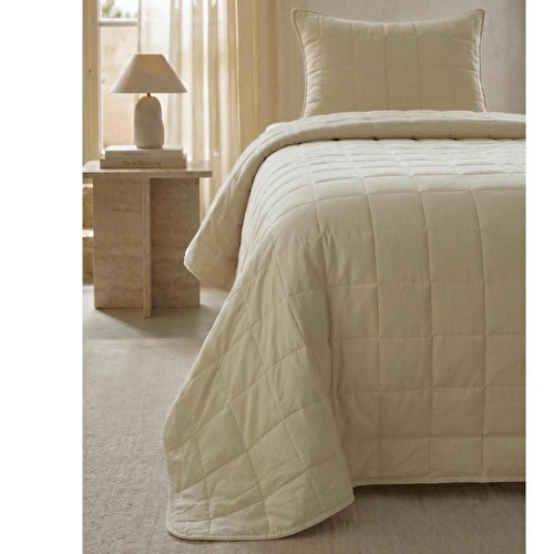 Ocean Home Textile %100 Pamuk Kumaş Kapitoneli Bej Çok Amaçlı Tek Kişilik Yatak Örtüsü Seti 1 Adet 180 X 230 / 1 Adet 50 X 70 Cm