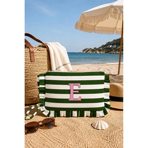Beige & Stone Kişiye Özel Harf Detaylı Yeşil Çizgili 17x29 Cm Volanlı Clutch & Portföy Çanta Kadın El Çantası