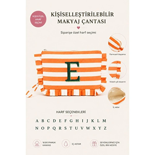 Beige & Stone Kişiye Özel Harf Detaylı Turuncu Çizgili 17x29 Cm Volanlı Clutch & Portföy Çanta Kadın El Çantası