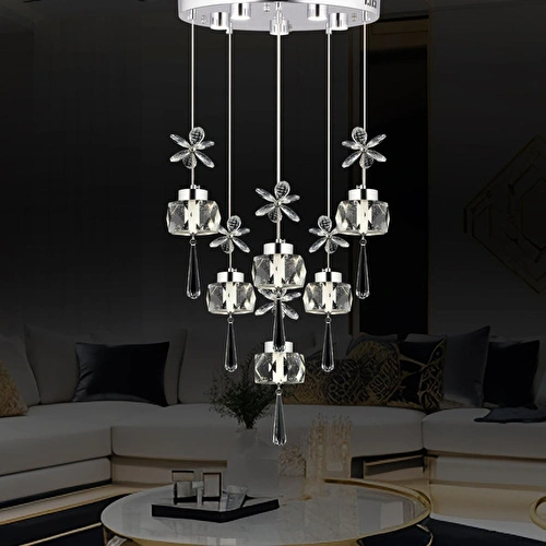Apliqa Amaris 6'lı Yuvarlak 3 Renkli 79 Watt Krom Kelebek Led Avize Kristal Ledli Modern Oturma Odası Büyük Salon Sarkıt Avize