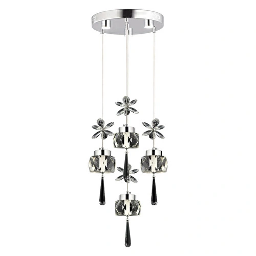Apliqa Amaris 4'lü Yuvarlak 3 Renkli 52 Watt Krom Kelebek Led Avize Kristal Ledli Modern Oturma Odası Salon Sarkıt Avize