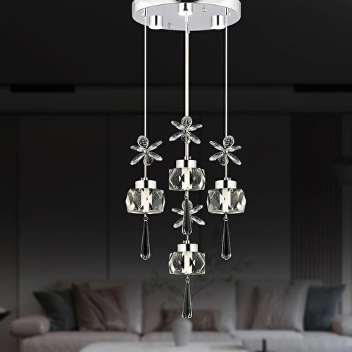 Apliqa Amaris 4'lü Yuvarlak 3 Renkli 52 Watt Krom Kelebek Led Avize Kristal Ledli Modern Oturma Odası Salon Sarkıt Avize