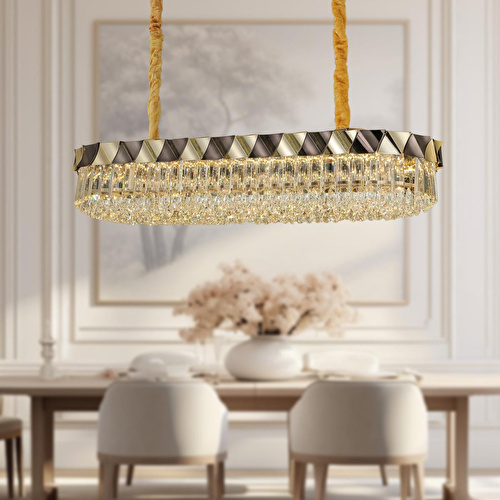 Apliqa Betty Gold Kaplamalı Yemek Masa Üstü 40 Watt Led Sarkıt Modern Tasarım Salon Kristal 3 Renk Ledli Avize