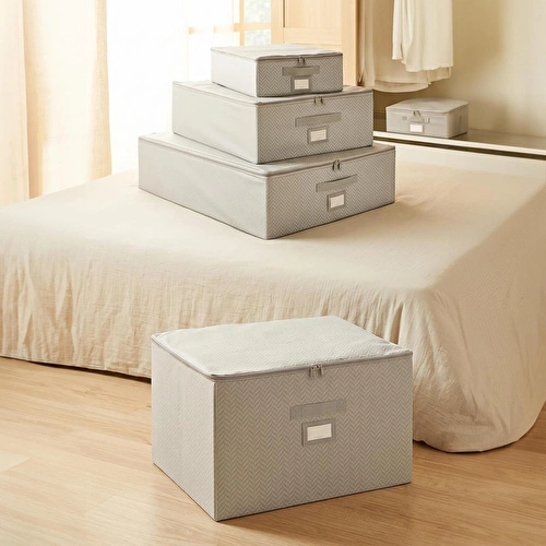 Ocean Home Textile 4'lü Gri Balıksırtı Destekli Kutu Hurç Set 31 X 38 X 12 + 45 X 55 X 18 + 55 X 70 X 18 + 48 X 40 X 30 Cm