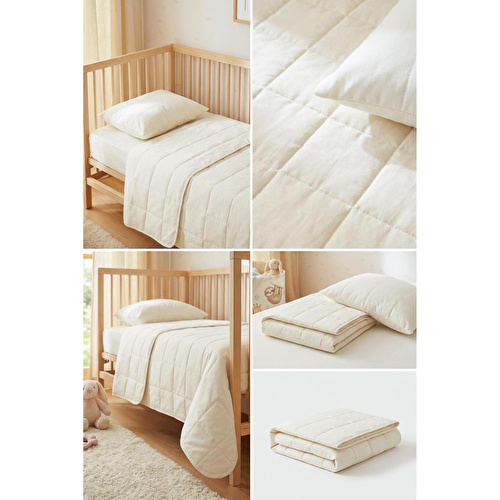 Ocean Home Textile %100 Pamuk Kumaş Kapitoneli Ekru Çok Amaçlı Bebek Yatak Örtüsü Seti 1 Adet 100 X 150 / 1 Adet 37 X 47 Cm