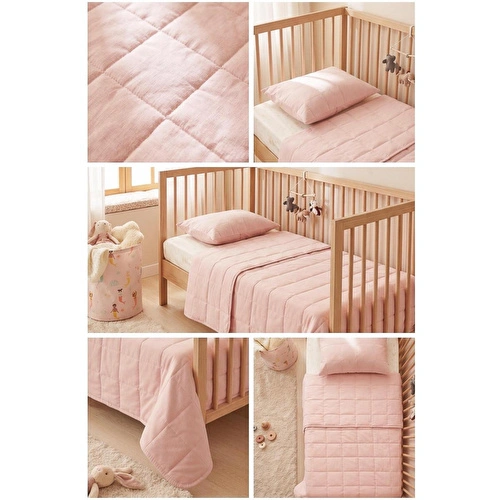 Ocean Home Textile %100 Pamuk Kumaş Kapitoneli Pembe Çok Amaçlı Bebek Yatak Örtüsü Seti 1 Adet 100 X 150 / 1 Adet 37 X 47 Cm